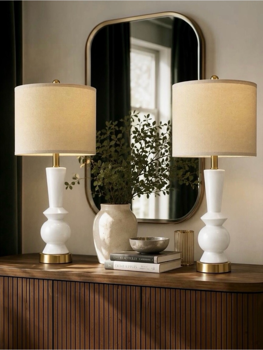 NEW Anthropologie Set of 2 White & Gold Ceramic Boho Table Lamps Lighting - 27"